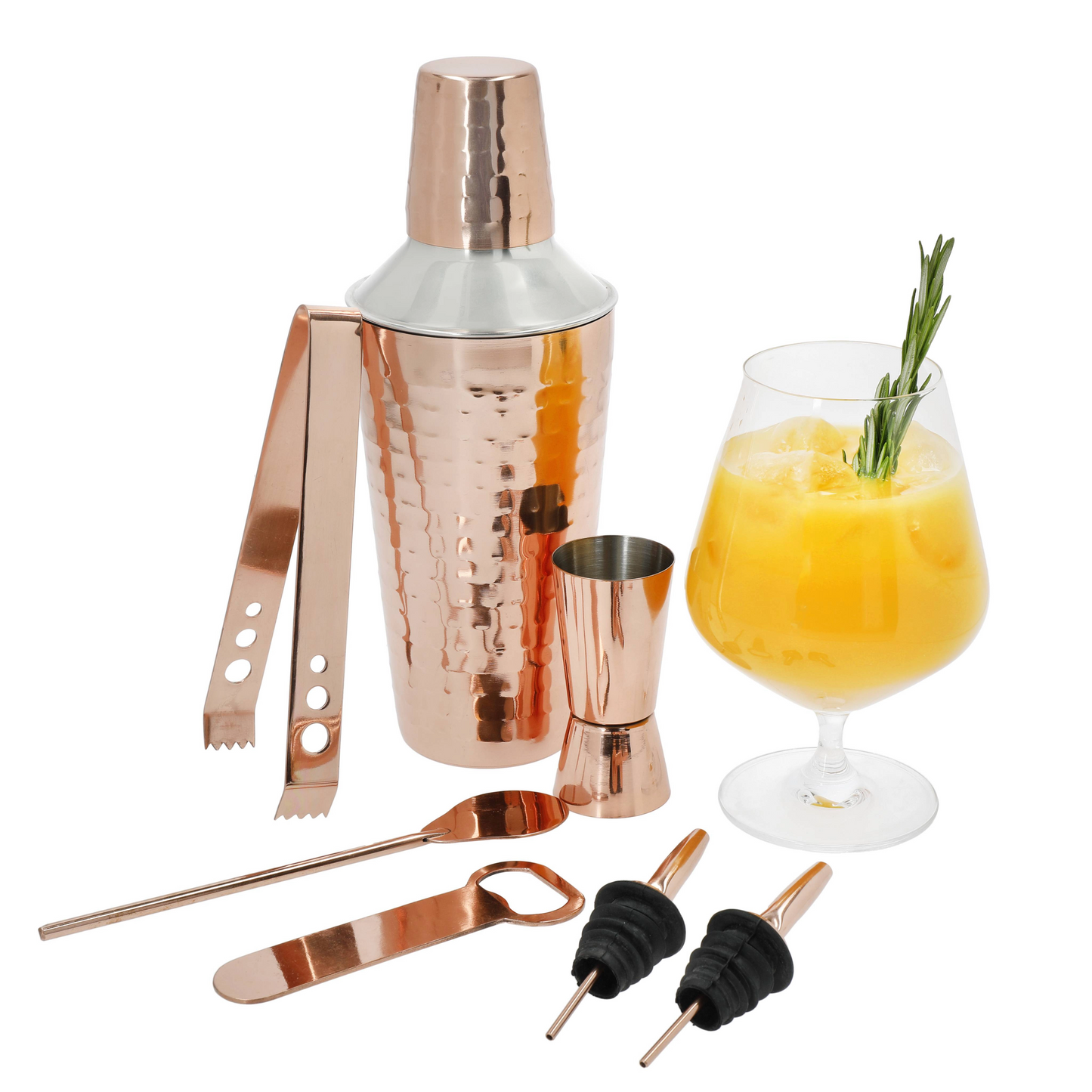 Luxe 7-delige koperkleurige cocktailset met glas sinaasappeldrank en rozemarijn, ideaal voor wijnliefhebbers, interieurliefhebbers en cadeaugevers – Verkrijgbaar bij Sherlocks Place.