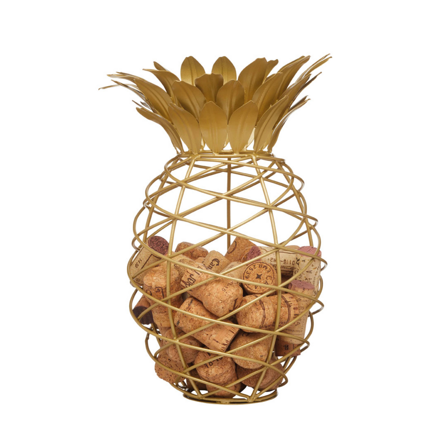 Gevulde gouden ananas kurkenhouder met champagnekurken – uniek verzamelobject en trendy decorstuk voor feestelijke gelegenheden, verkrijgbaar bij Sherlocks Place.
