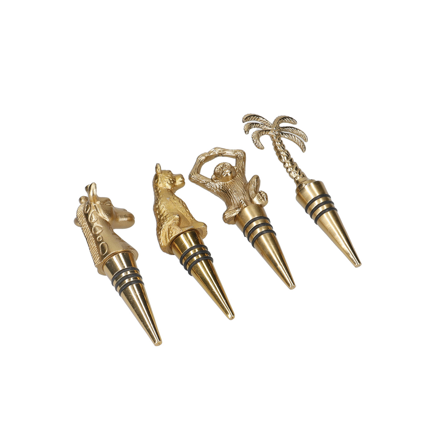 Set van vier goudkleurige flessenstoppers met dier- en palmboomdesign – ideaal voor cadeaugevers, safari-themafans en verzamelaars van unieke baraccessoires – verkrijgbaar bij Sherlocks Place.