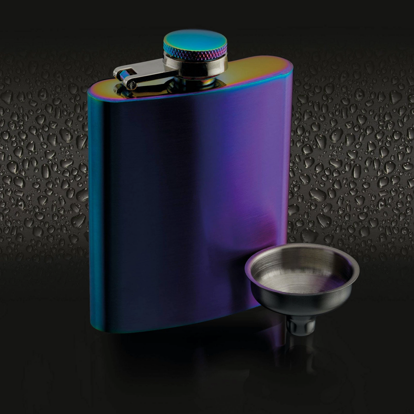 BarCraft regenboogkleurige hip flask met vultrechter op zwarte ondergrond met condensdruppels Sherlocks Place