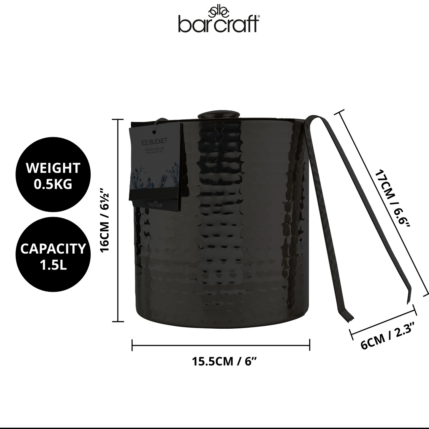 Technische afmetingen en specificaties van de BarCraft ijsemmer (1,5L, 0,5kg) met tang – Verkrijgbaar bij Sherlocks Place
