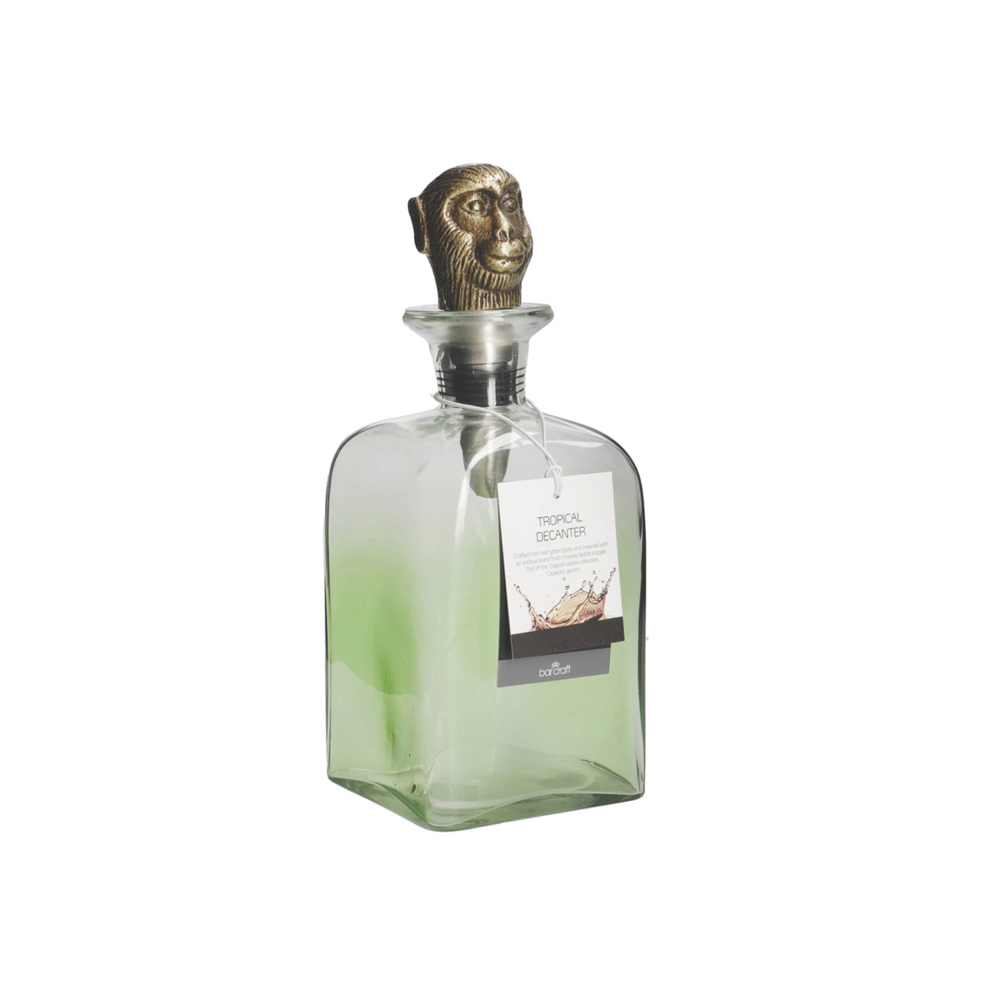 (karaf met label, schuin gefotografeerd):
Elegante decanter met exotische uitstraling, afgewerkt met een opvallende aapkop-stopper – klaar om cadeau te geven of te pronken in je interieur. Verkrijgbaar bij Sherlocks Place.