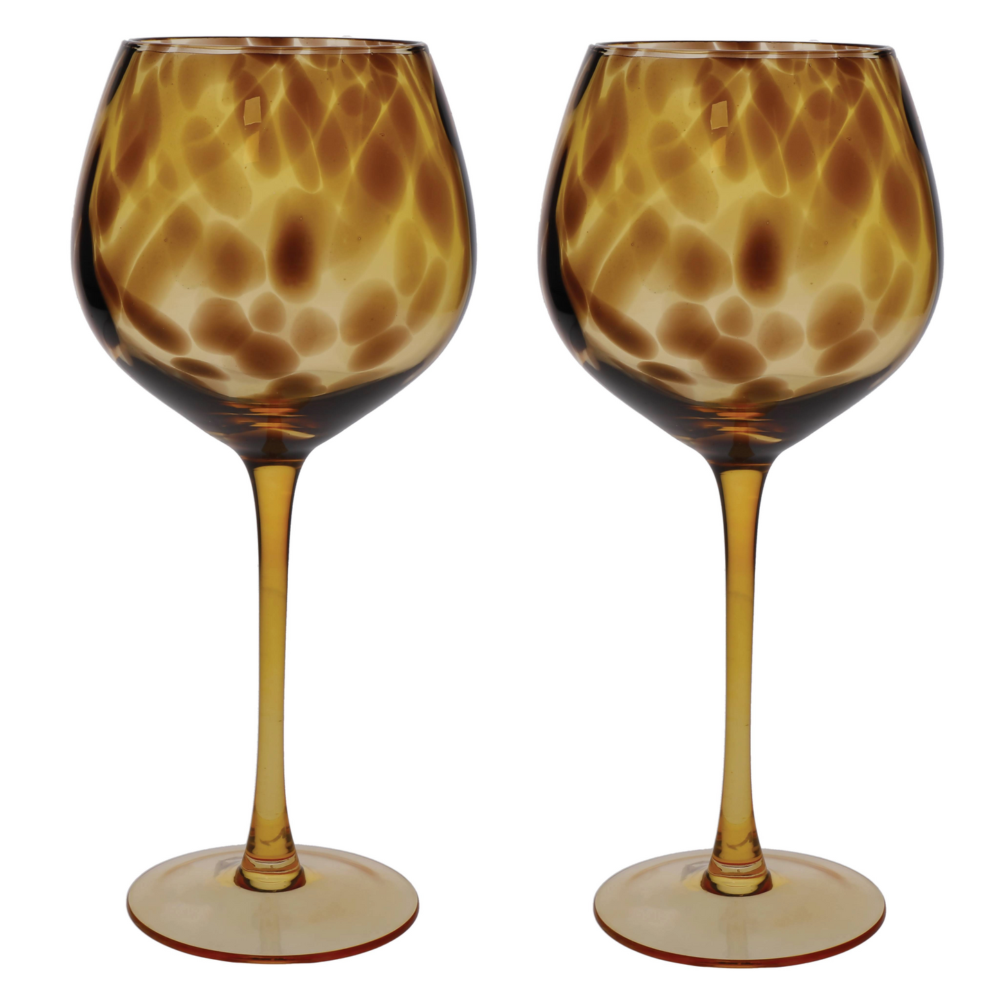 Twee elegante gin glazen met warme schildpadprint op witte achtergrond, perfect symmetrisch gepresenteerd. Verkrijgbaar bij Sherlocks Place.