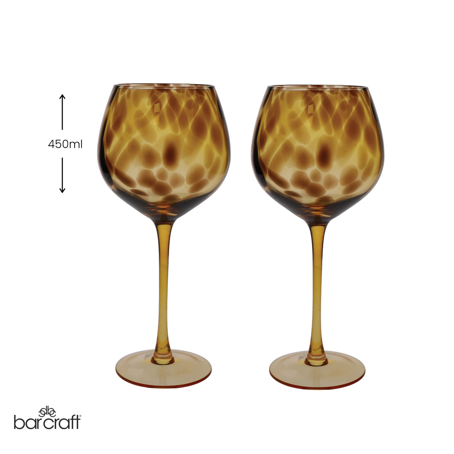 Set van twee gin glazen met tortoise shell afwerking en inhoudsaanduiding van 450 ml, merk BarCraft zichtbaar. Verkrijgbaar bij Sherlocks Place.