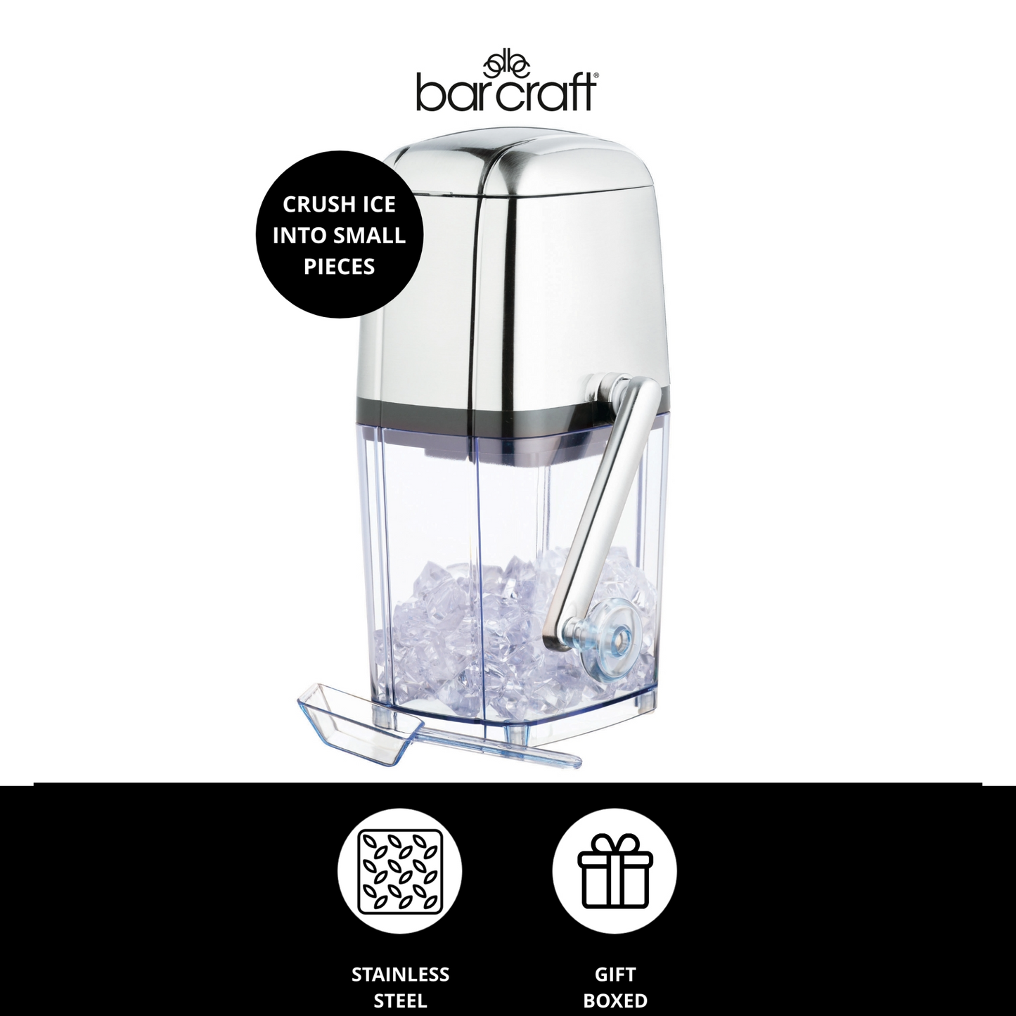 Gepresenteerde BarCraft ijscrusher met icoontjes voor roestvrij staal en cadeauverpakking – Verkrijgbaar bij Sherlocks Place.