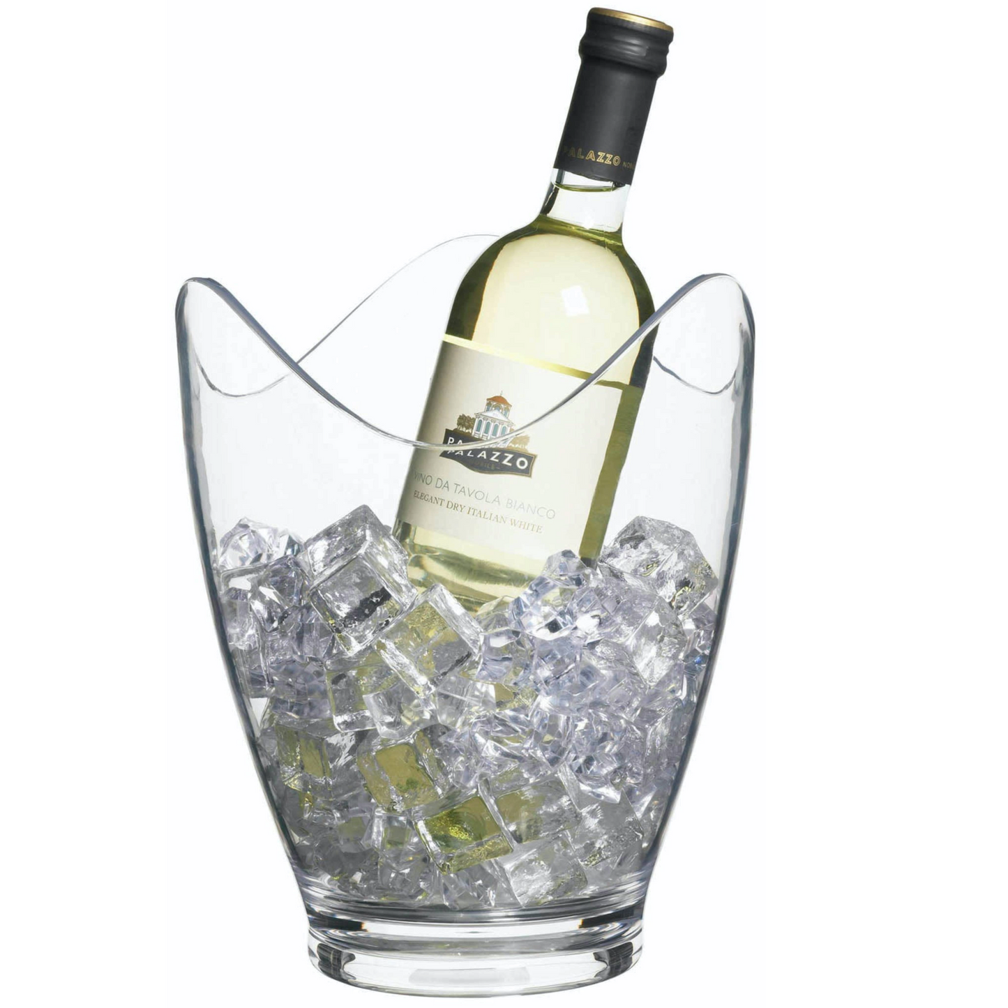 Stijlvolle transparante acryl wijn- en drankkoeler met ijsblokjes en witte wijn – perfect voor thuisgebruik – verkrijgbaar bij Sherlocks Place