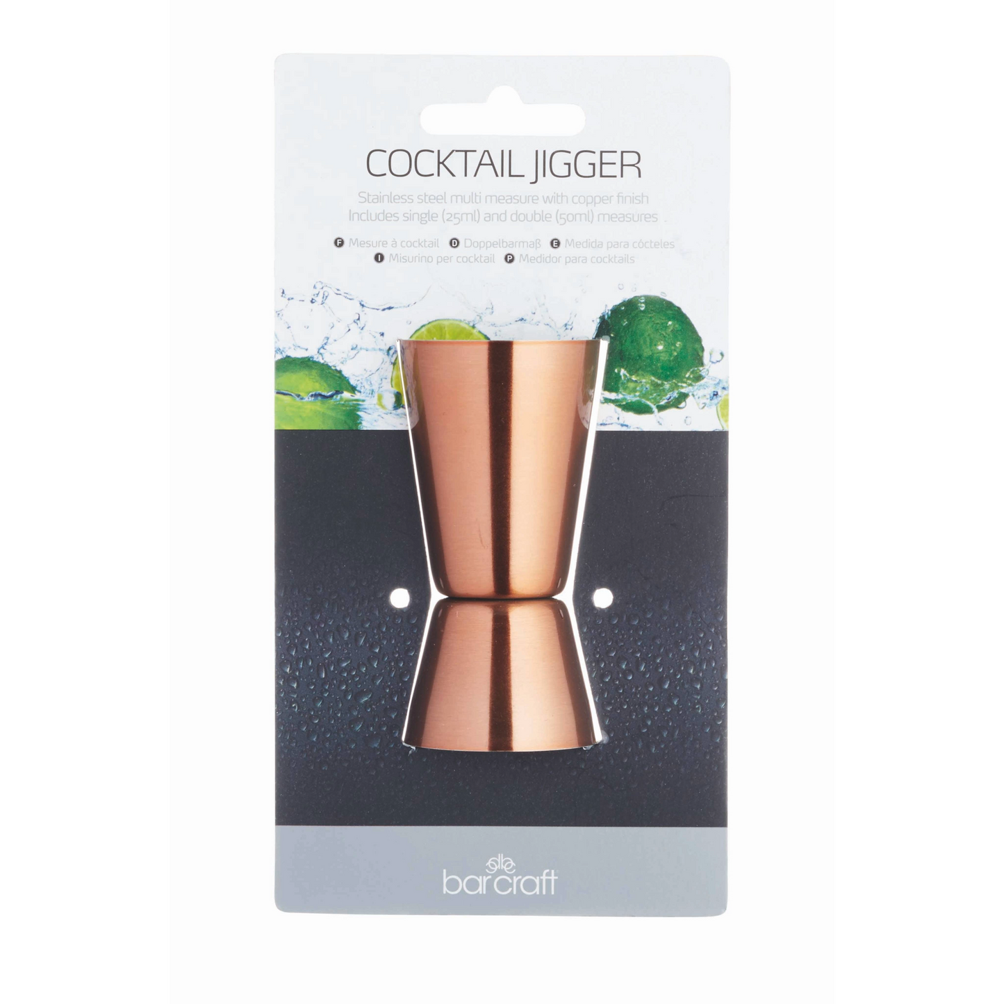 Verpakking van de Barcraft cocktail jigger – duale maatvoering (25 ml en 50 ml). Geschikt voor starterskits, opleidingen of evenementen. Verkrijgbaar bij Sherlocks Place.