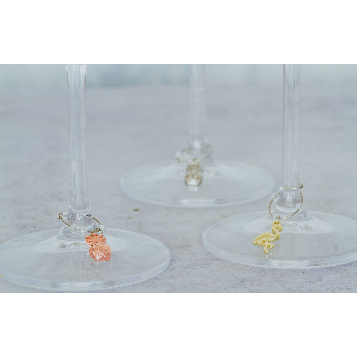 Tropische wijn charms in gebruik aan wijnglazen – stijlvol en handig voor borrels en feestjes. Verkrijgbaar bij Sherlocks Place.