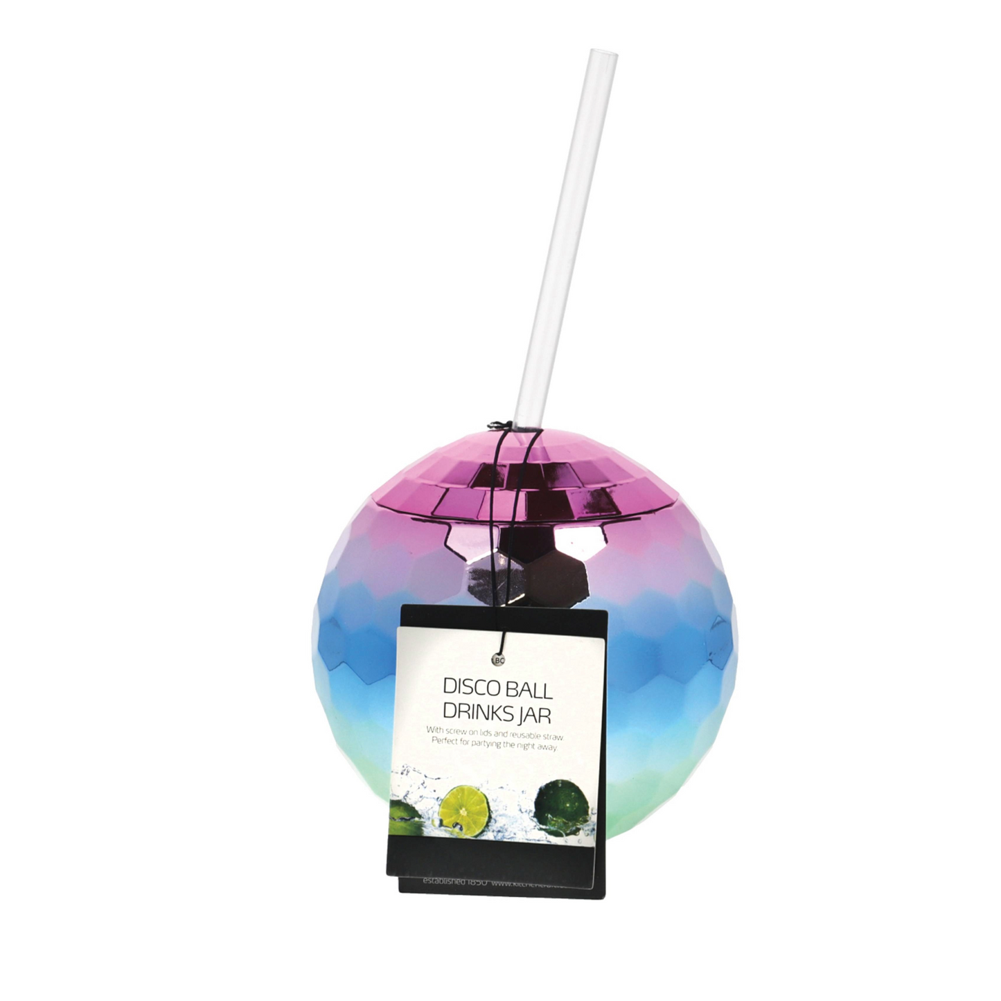 Disco ball drinks jar met label en rietje – de ultieme party cup voor cocktails of mocktails met een funky uitstraling. Verkrijgbaar bij Sherlocks Place.