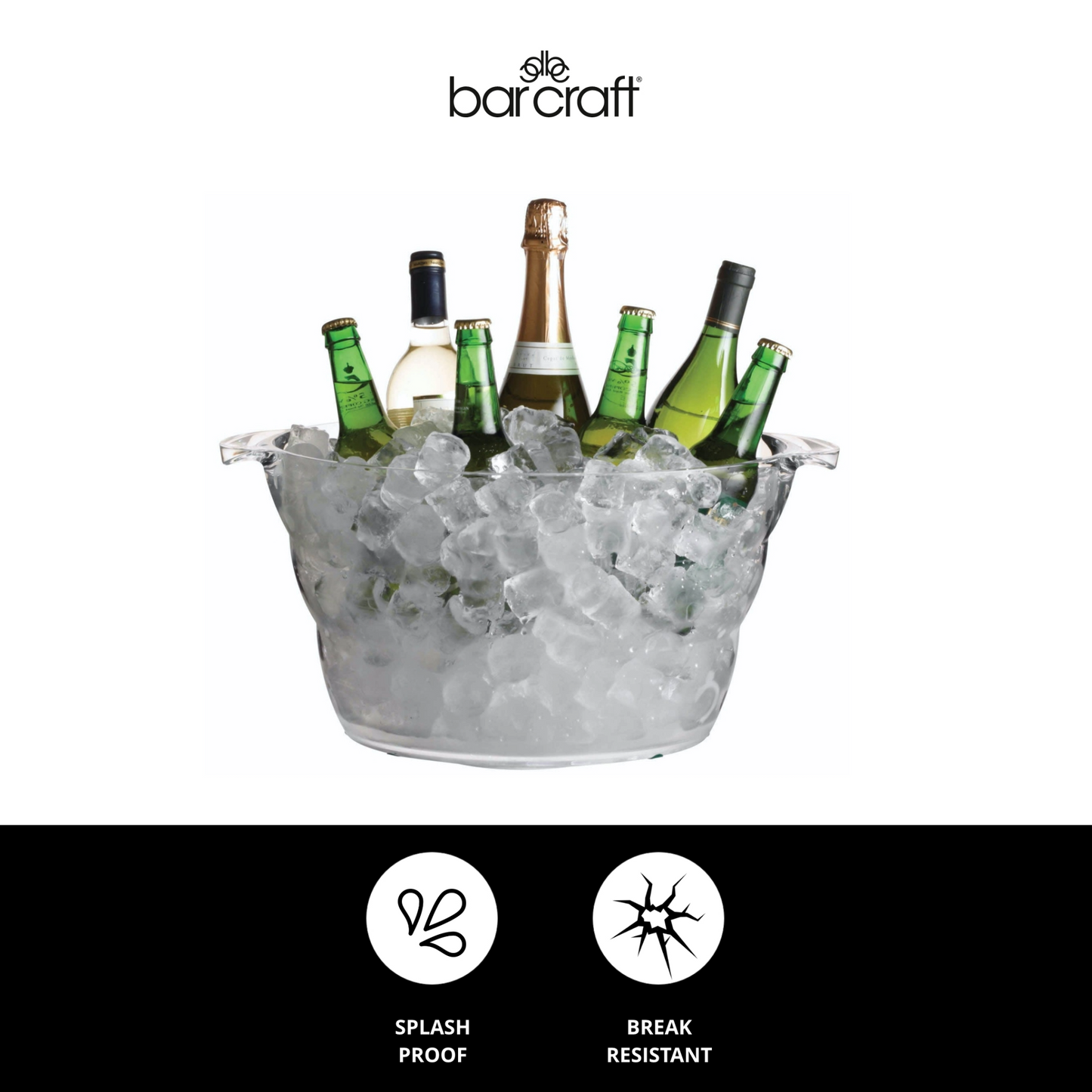 Flessencooler van BarCraft met ijs en flessen — splash-proof en breukbestendig. Verkrijgbaar bij Sherlocks Place.
Betrouwbare keuze voor festivals en buitenfeesten.
