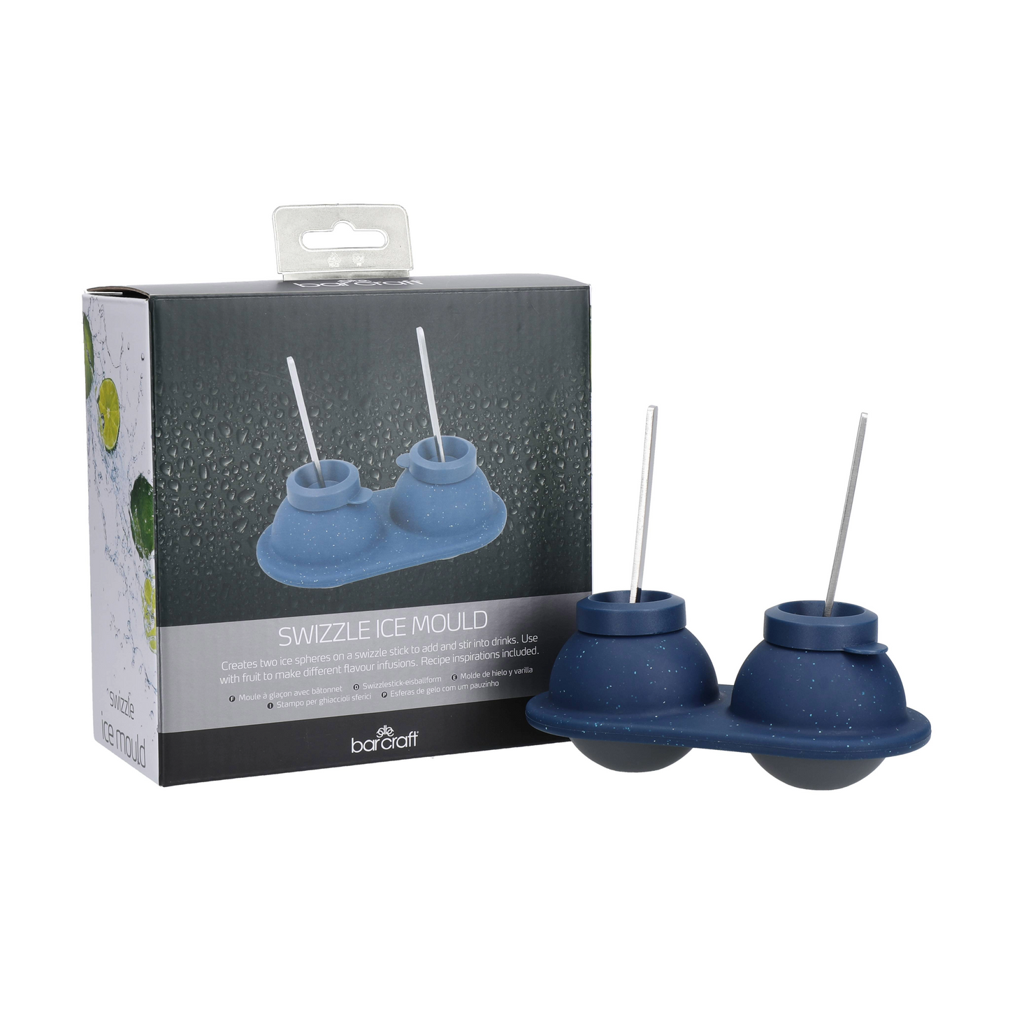 Verpakking van de BarCraft Swizzle Ice Mould Blue met de ijsvorm en swizzle sticks gepresenteerd.