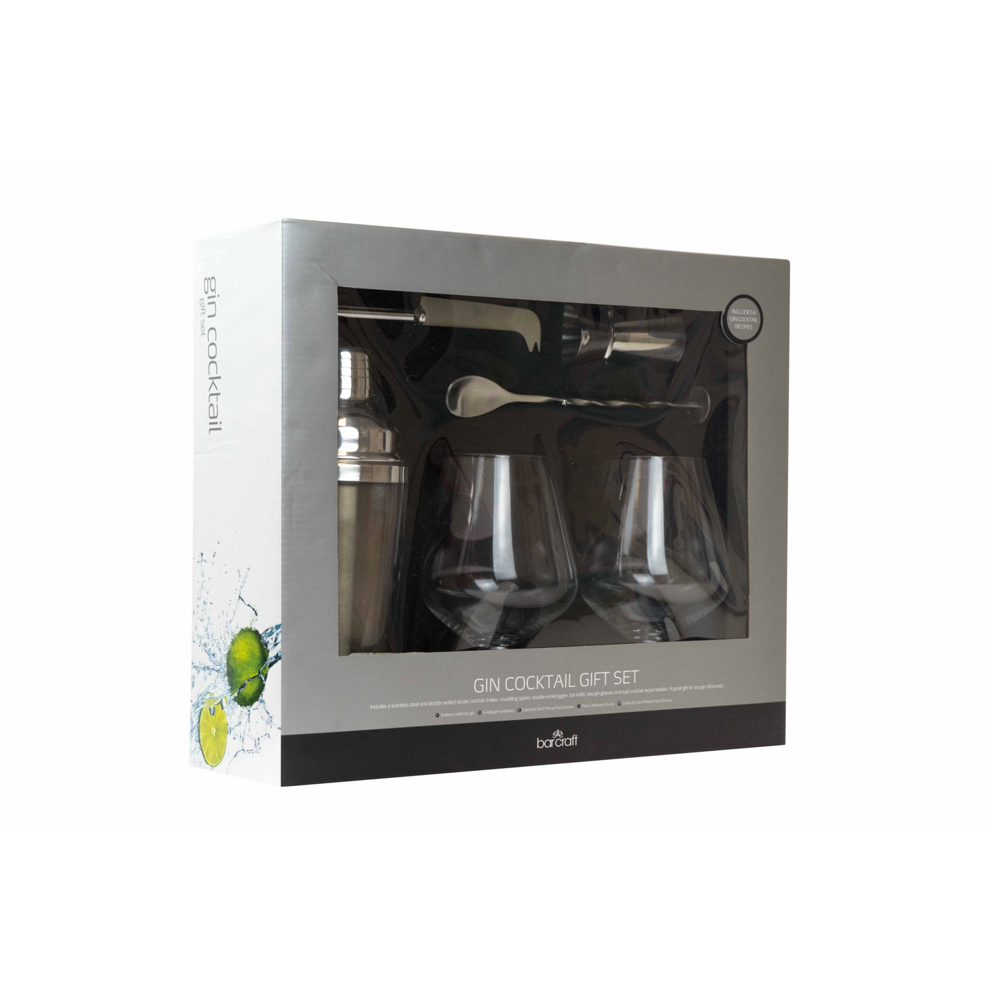 Luxe geschenkverpakking van de BarCraft Gin Cocktail Gift Set met cocktailshaker, glazen en accessoires – ideaal voor mannenaccessoires, professionele en homebartenders, cocktailliefhebbers en cadeauzoekers. Verkrijgbaar bij Sherlocks Place.