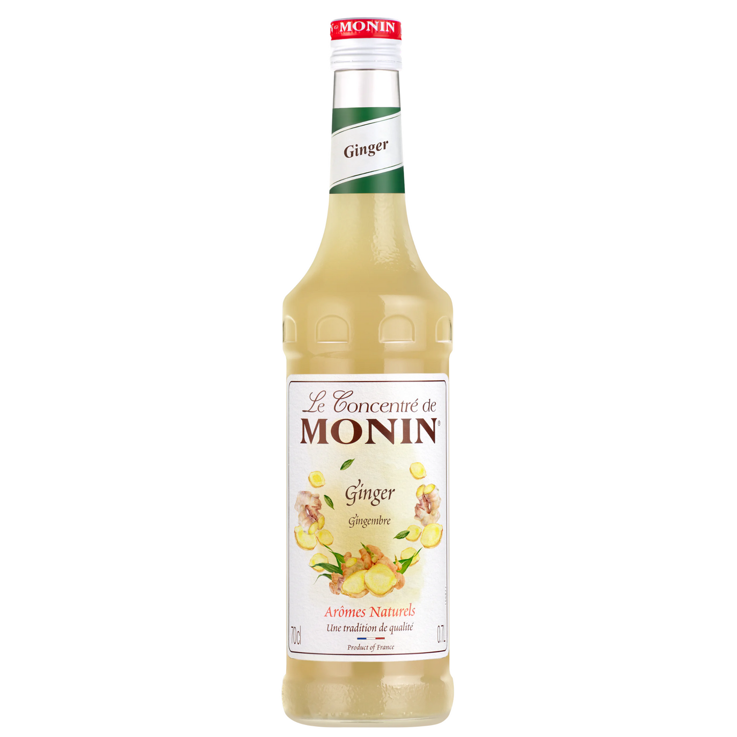 Fles van Le Concentré de Monin Ginger (70 cl), een natuurlijk gemberconcentraat met 39% gembersap, ideaal voor cocktails, mocktails en limonades. Verpakt in een elegante fles met botanische illustraties. Verkrijgbaar bij Sherlocks Place Rotterdam.