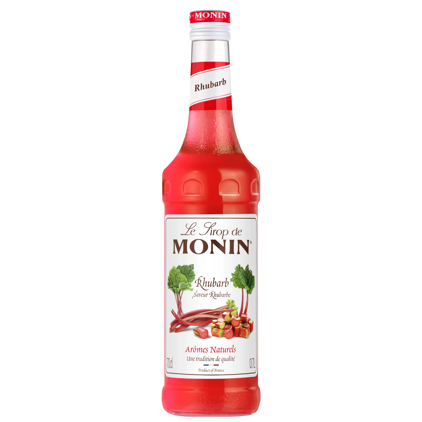 Fles Monin siroop Rhubarb, heerlijk in lemonades, cocktails en meer. Verkrijgbaar bij Sherlocks Place Rotterdam