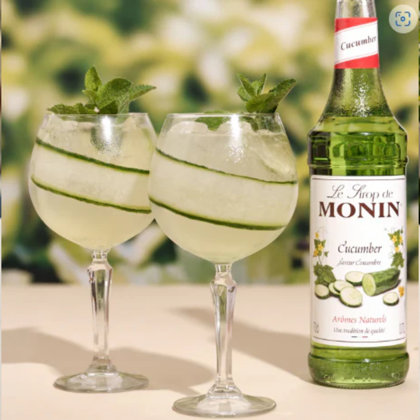 Een zomerse foto van twee Gin glazen naast een fles Monin Cucumber 70cl. In de glazen zit een Green Park Fizz drankje; een combinatie van Monin Cucumber, Vermouth, Tonic en lime juice. Heerlijk voor een zomeravond. De glazen zijn mooi opgemaakt met lange slices komkommer en wat takjes munt. Monin is verkrijgbaar bij Sherlocks Place Rotterdam.