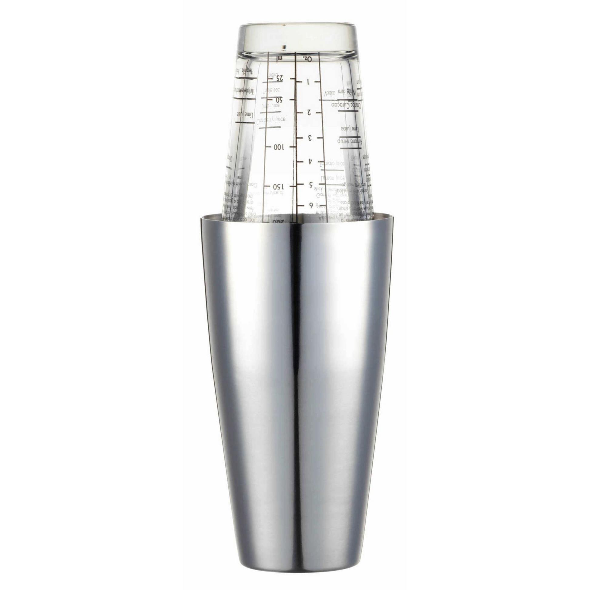 Boston cocktailshaker van BarCraft met roestvrijstalen beker en glazen maatbeker met receptmarkeringen – ideaal voor homebartenders, verkrijgbaar bij Sherlocks Place.