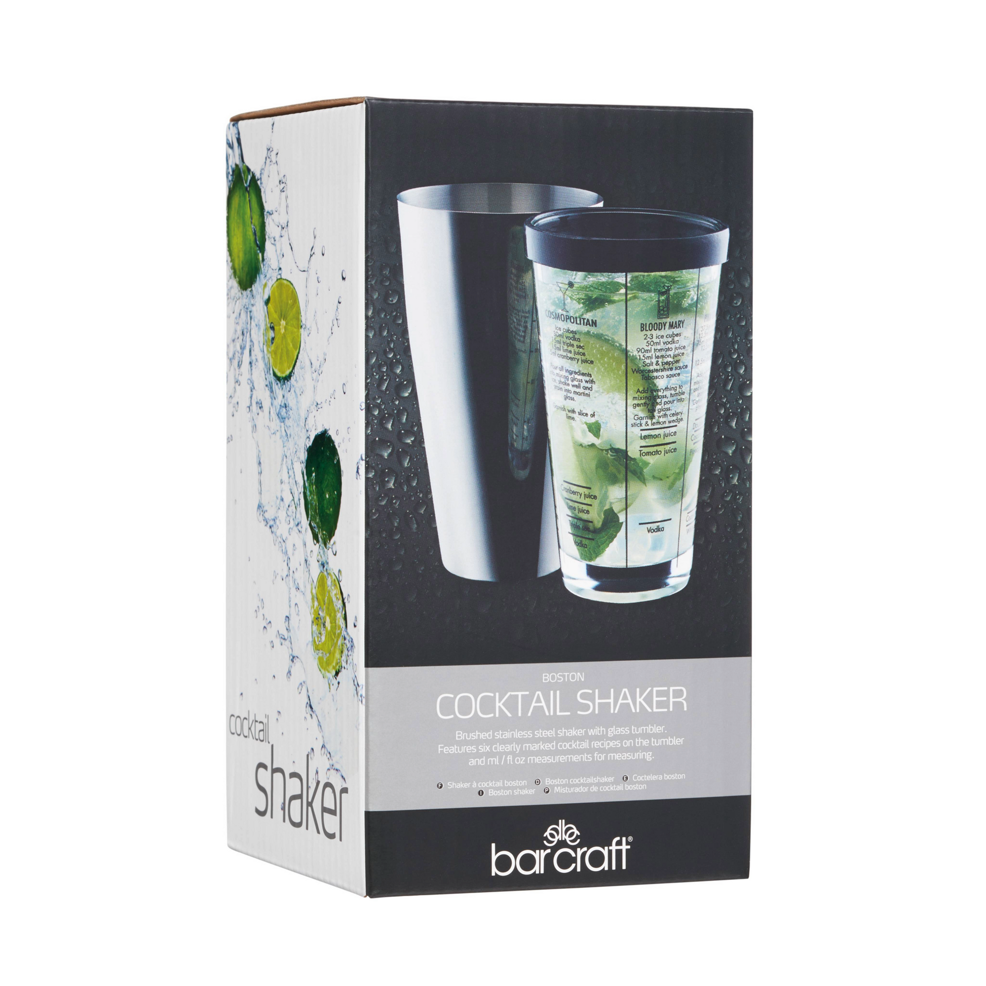 Verpakking van de BarCraft Boston cocktailshaker met cocktailrecepten – perfect als cadeau voor cocktailfans en thuisentertainers, verkrijgbaar bij Sherlocks Place.
