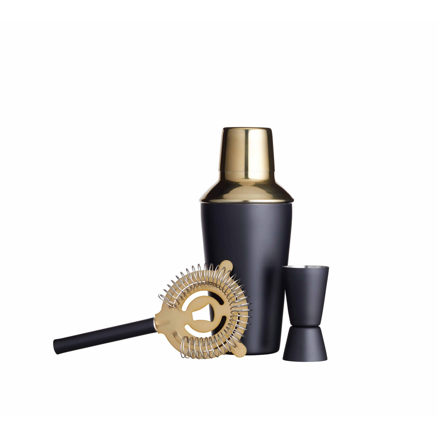 BarCraft 3-delige cocktailset in mat zwart en goud met shaker, jigger en strainer – stijlvolle barset voor thuisgebruik of als cadeau. Verkrijgbaar bij Sherlocks Place.