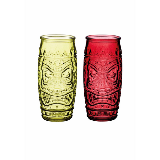 Set van twee kleurrijke BarCraft Tiki glazen (geel en rood) met tiki-gezicht, ideaal voor cocktails en tropische drankjes – verkrijgbaar bij Sherlocks Place voor home bartenders en home entertainers.