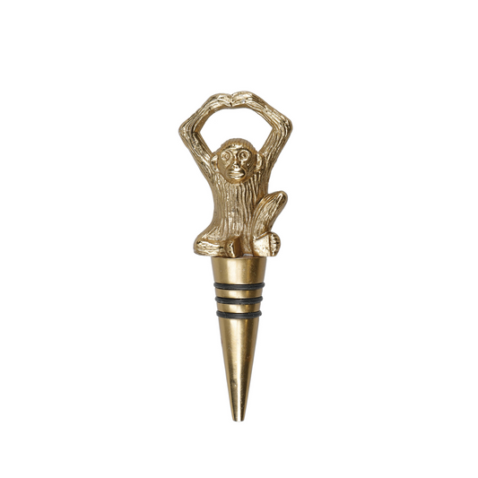 Decoratieve gouden flessenstop in de vorm van een zittende aap met hartvormige armen – stijlvol baraccessoire verkrijgbaar bij Sherlocks Place. Perfect voor wijnliefhebbers, designliefhebbers en als cadeau.