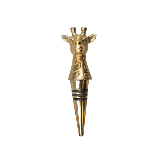 Stijlvolle gouden flessenstop in de vorm van een giraffe, perfect voor wijnliefhebbers en designfans – verkrijgbaar bij Sherlocks Place.