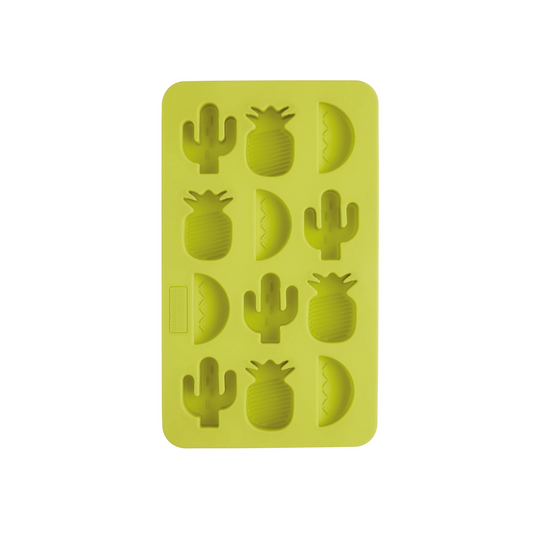 Close-up van een gele siliconen ijsblokjesvorm met tropische figuren (cactus, ananas, watermeloen). Sherlocks Place 
