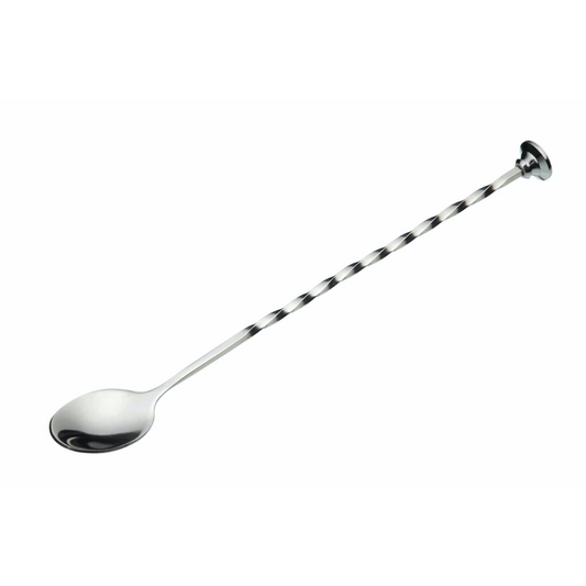 Roestvrijstalen barlepel van 28 cm met gedraaid handvat en stamper, perfect voor cocktails – Verkrijgbaar bij Sherlocks Place.