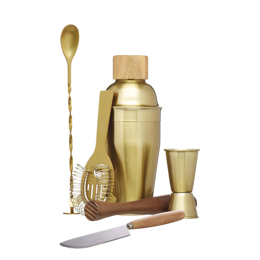 Luxe gouden cocktailset met houten accenten, inclusief shaker, barlepel, maatbeker en accessoires – perfect voor stijlvolle thuisfeestjes of als cadeau – verkrijgbaar bij Sherlocks Place.