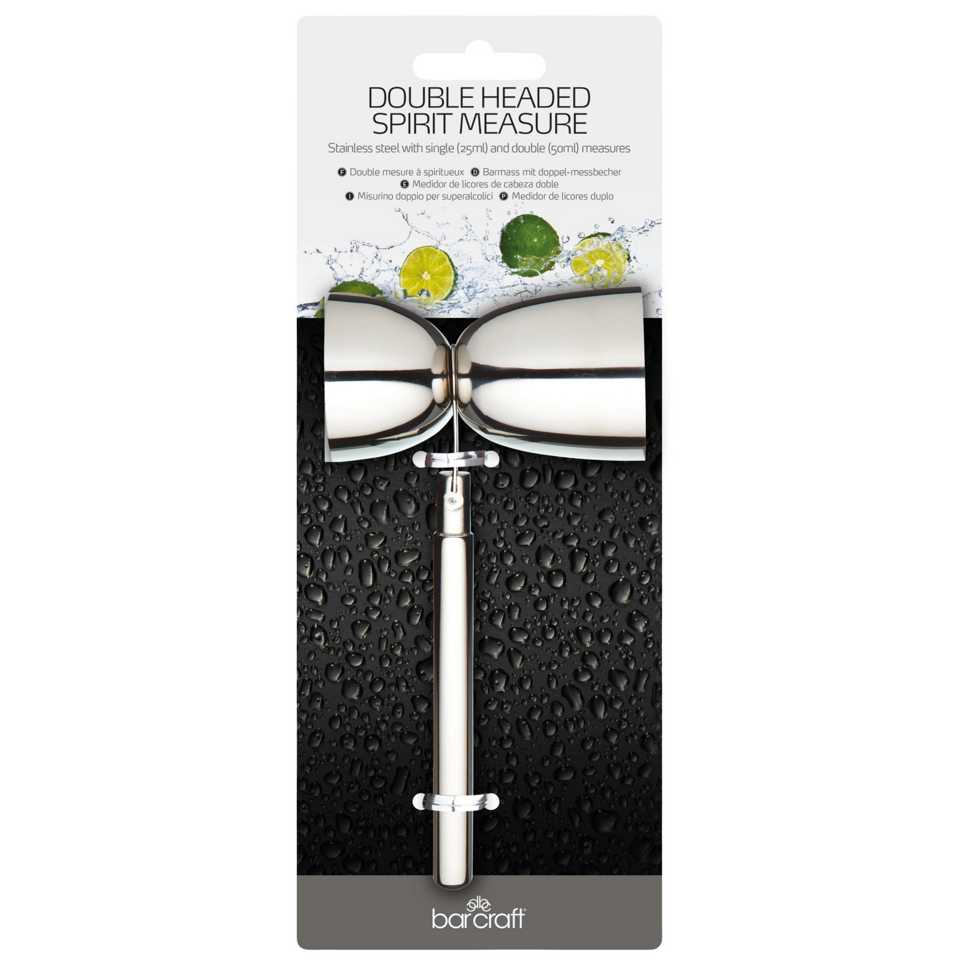 BarCraft dubbele jigger in stijlvolle retailverpakking – onmisbaar accessoire voor de moderne man, bartool of cadeau, verkrijgbaar bij Sherlocks Place.