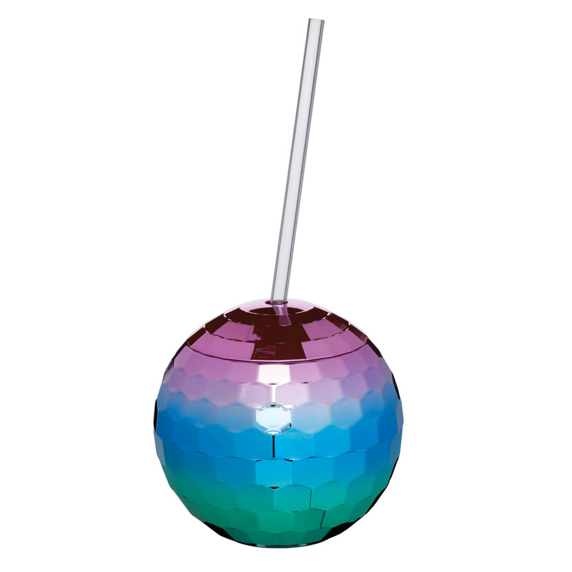 Glanzende disco bal cocktail cup met roze, paarse, blauwe en groene kleurverloop en een transparant rietje – een eyecatcher voor elk feestje. Verkrijgbaar bij Sherlocks Place.