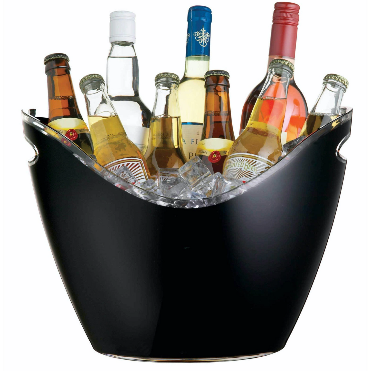 Barcraft zwarte cooler gevuld met ijs en diverse flessen bier en wijn, perfect voor feestjes – Verkrijgbaar bij Sherlocks Place