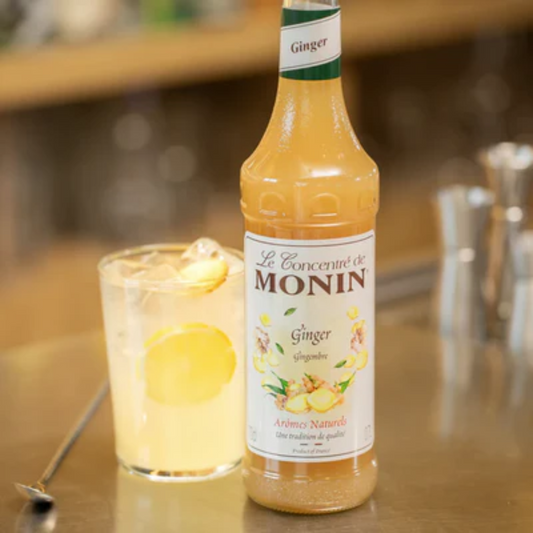 Monin Gemberconcentraat fles met verfrissende gember-citroenlimonade op een toonbank, verkrijgbaar bij Sherlocks Place in Rotterdam.