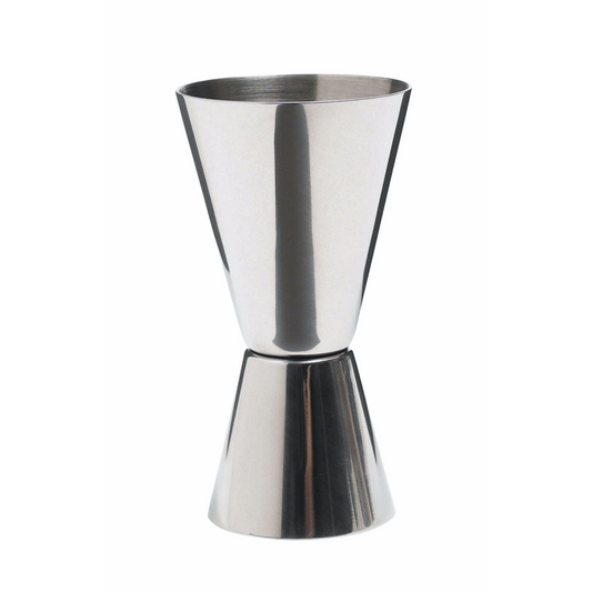 Roestvrijstalen cocktail jigger met 25ml en 50ml maatvoering, ideaal voor precieze metingen bij het maken van cocktails – verkrijgbaar bij Sherlocks Place, perfect voor home bartenders en horeca studenten.