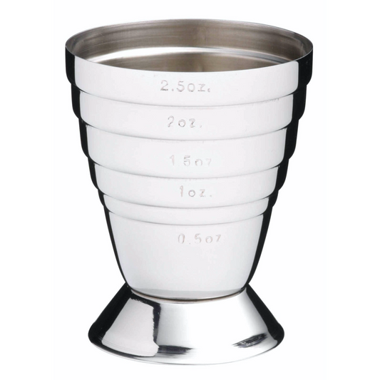 RVS cocktail jigger met maatverdeling van 0.5 tot 2.5 oz – ideaal voor precisie in cocktailrecepten. Perfect voor bartenders, thuisgebruik en horeca-studenten. Verkrijgbaar bij Sherlocks Place.