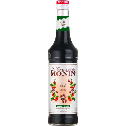 Product foto van een glazen fles Monin Concentraat Cold Brew. De Fles heeft een inhoud van 70cl en is een van dé basis siropen die iedere keuken zou moeten hebben. Verkrijgbaar bij Sherlocks Place Rotterdam 