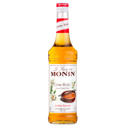 Product foto van een fles Monin Creme Brulee siroop 70cl. Heerlijk in desserts, koffies, theeen en cocktails. Compleet Monin assortiment verkrijgbaar bij Sherlocks Place Rotterdam