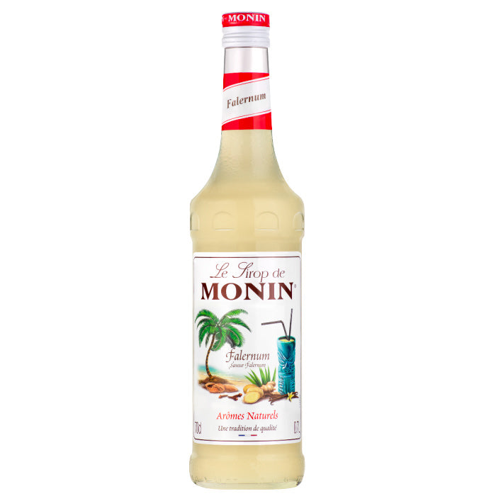 Product foto van een fles Monin Falernum (alcoholvrij) 70cl. Perfect voor alcoholvrije cocktails, ook wel mocktails of virgin cocktails genaamd. Compleet assortiment Monin verkrijgbaar bij Sherlocks Place Rotterdam