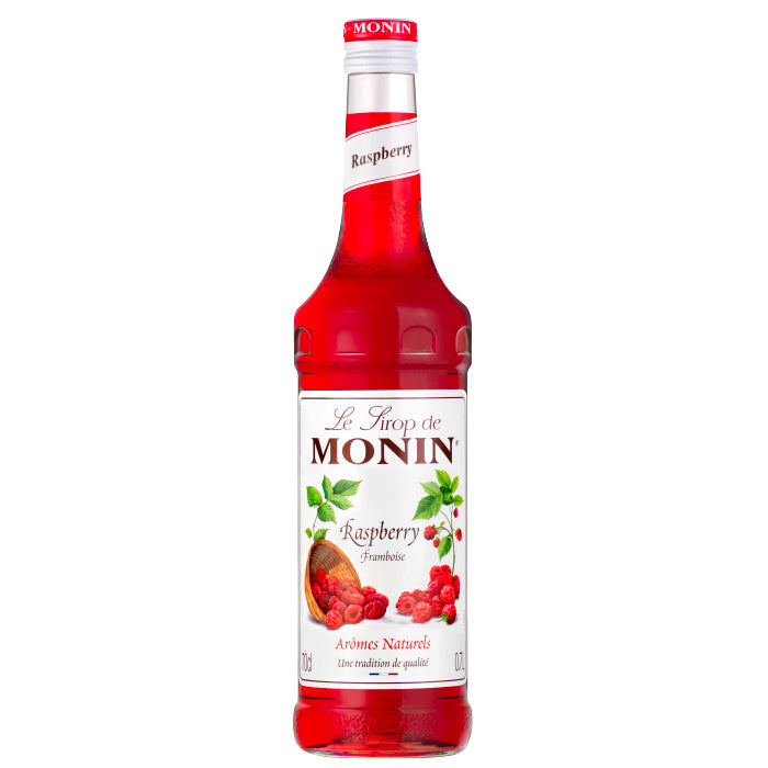 Fles Monin Frambozensiroop met natuurlijke aroma’s, 70cl. Perfect voor cocktails, mocktails en desserts. Verkrijgbaar bij Sherlock's Place Rotterdam.