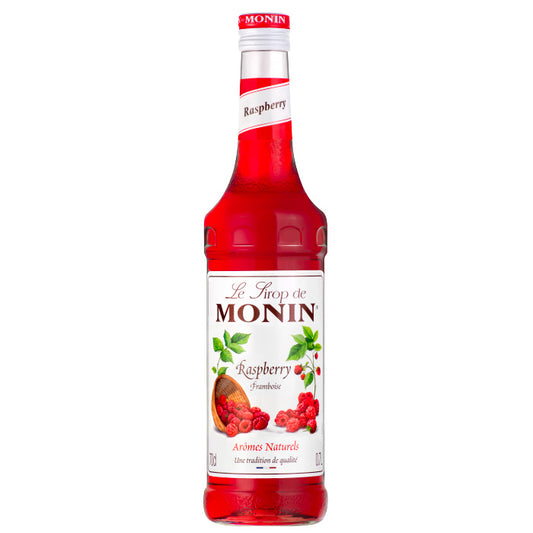 Fles Monin Frambozensiroop met natuurlijke aroma’s, 70cl. Perfect voor cocktails, mocktails en desserts. Verkrijgbaar bij Sherlock's Place Rotterdam.