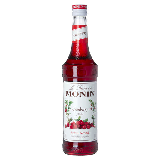 Product foto van een fles Le Sirop de Monin smaak Cranberry. Inhoud 70cl Perfect voor thee, cocktails en lemonades. Verkrijgbaar bij Sherlocks Place Rotterdam