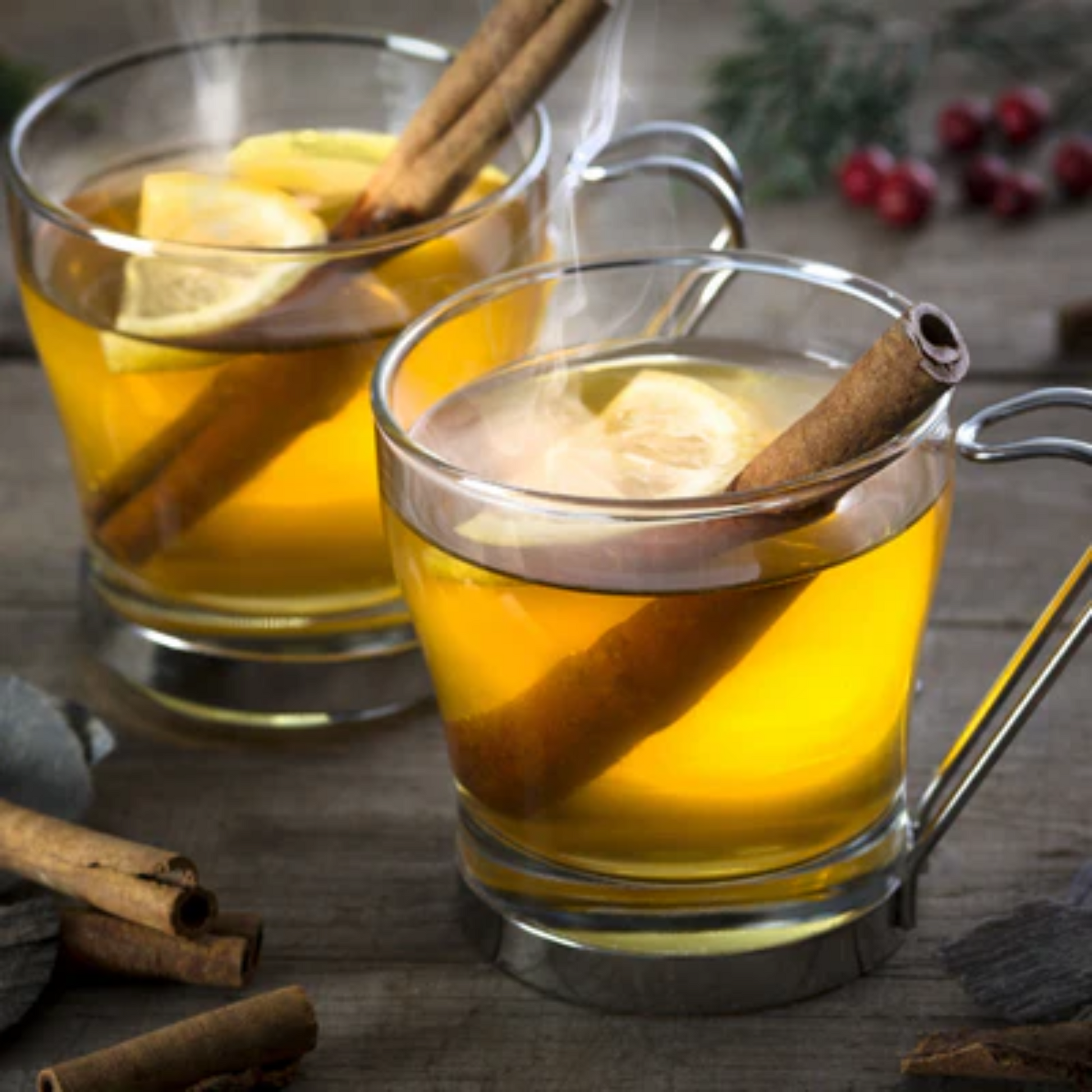 Twee glazen Virgin Toddy met honing en hazelnoot, gegarneerd met citroen en een kaneelstokje, geserveerd op een houten tafel met winterse decoratie. Monin verkrijgbaar bij Sherlocks Place Rotterdam
